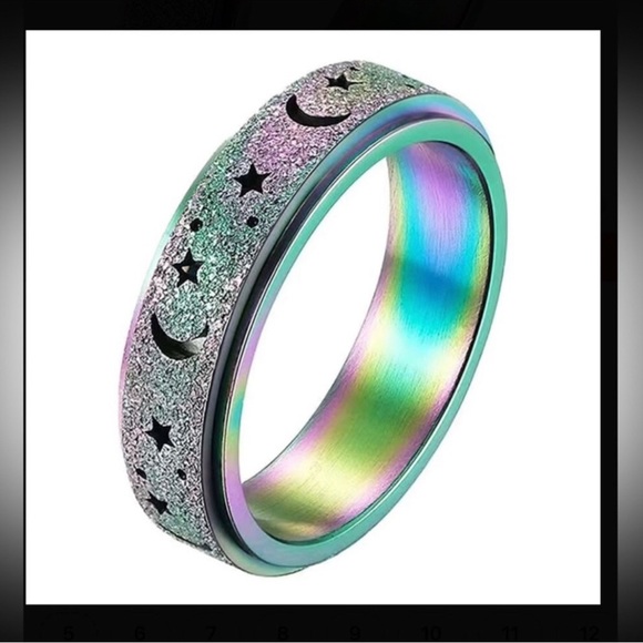 Jewelry - Glitter Moon + Stars Spinner Fidget Ring, Silver, Holographic Rainbow, Size 9